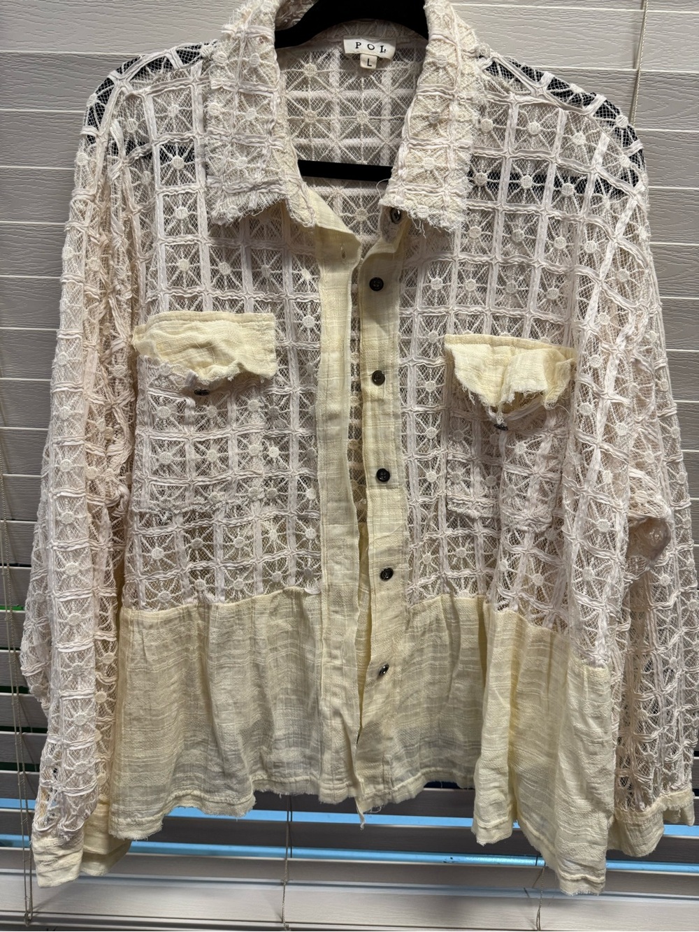 POL crochet grid button-up shirt in cream and pale yellow
